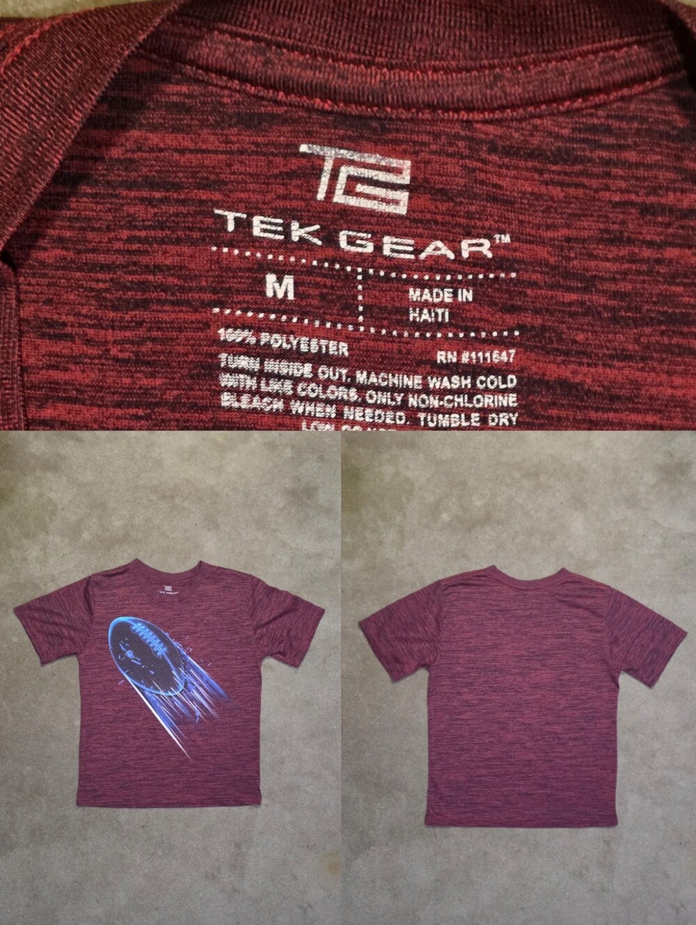 Kids Retro Red Football Tek Gear Tee Sz Med 12/14
